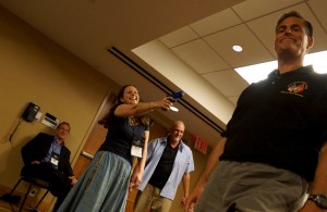 ThrillerfestJackGun1 Author J.F.Penn holds a gun on Marine Jack Hoban at Thrillerfest