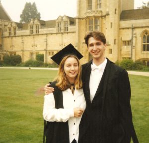 Joanna Penn with friend, Ian Miell, at Mansfield College, Oxford, matriculation 1994