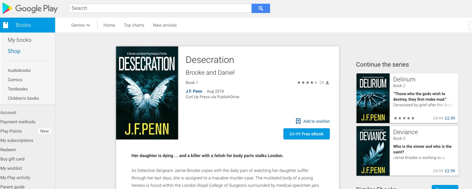 Desecration series meta data on Google Play Books