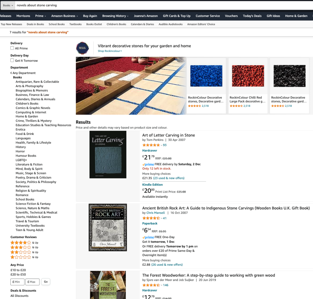 screenshot of amazon showing search for novels about stone carving