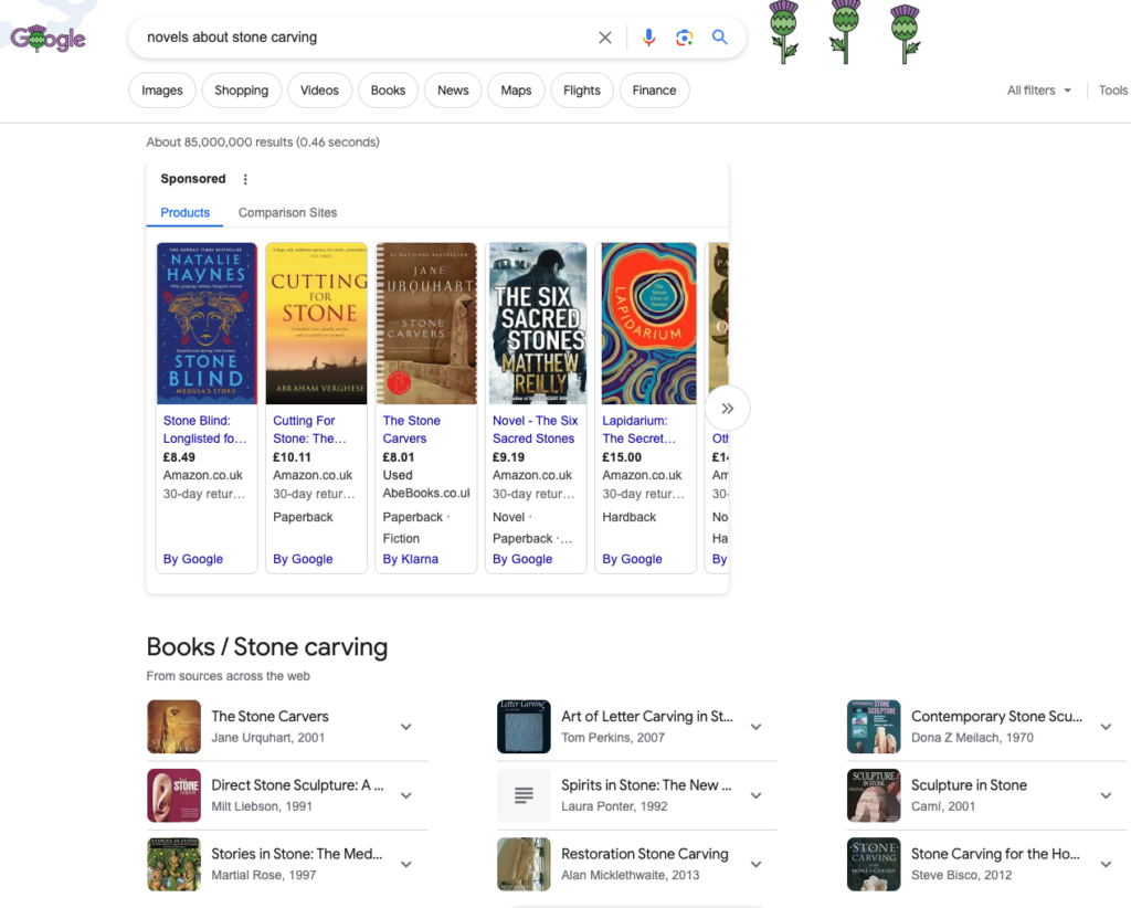 Google search results related to novels about stone carving