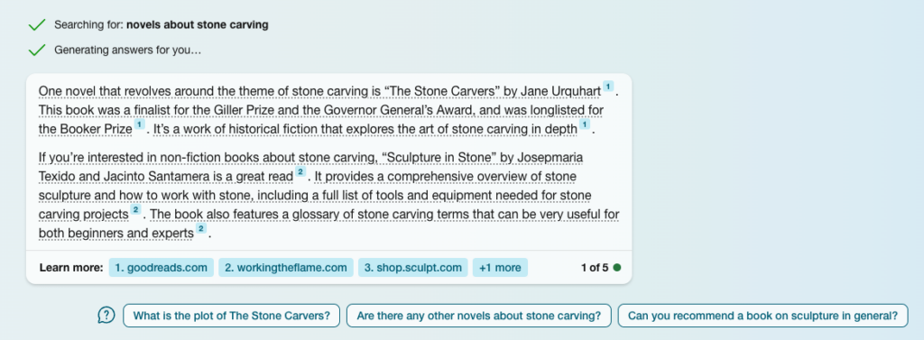 Bing Chat response to search query about novels for stone carving